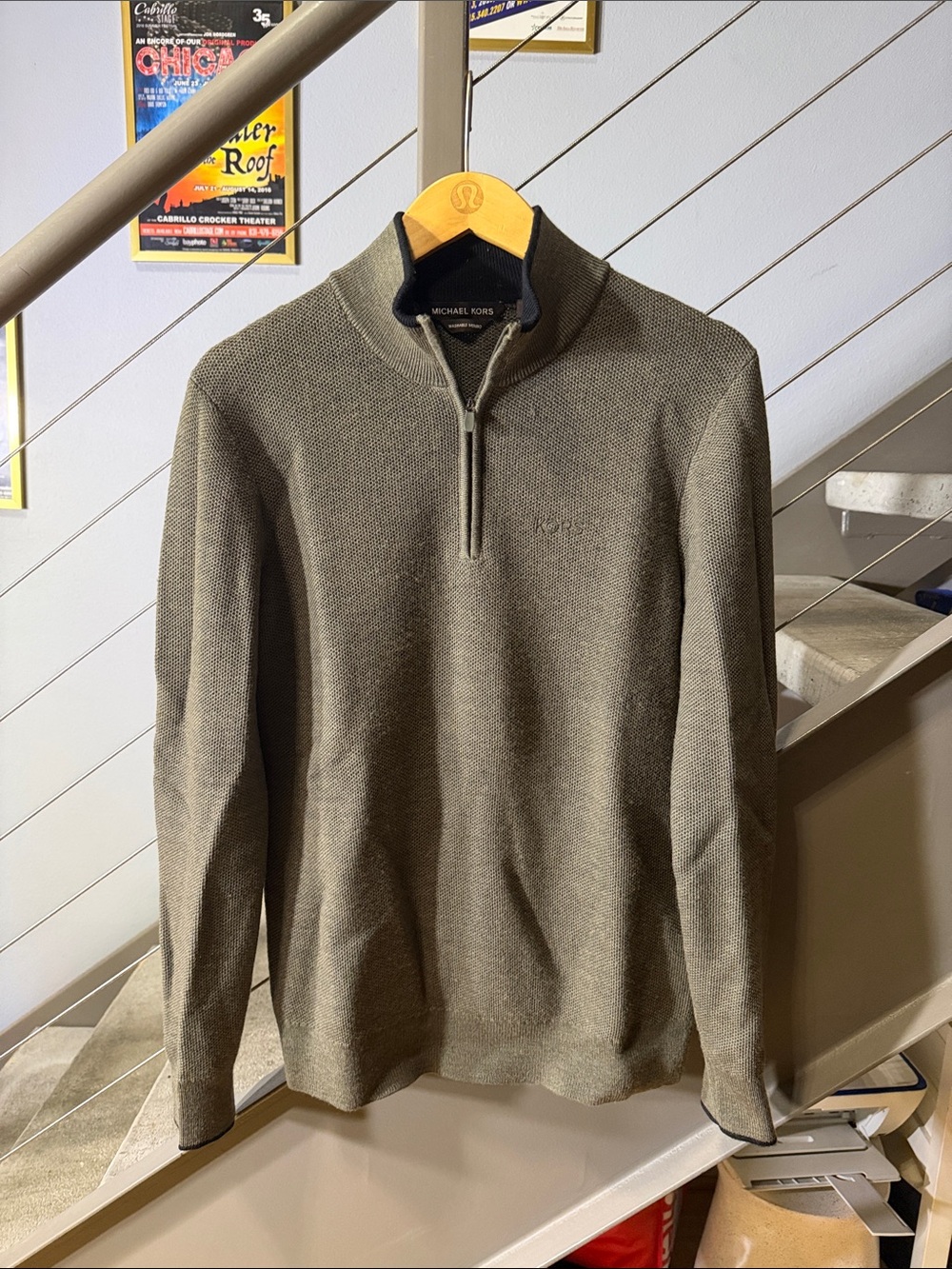 Michael Kors Washable Merino Quarter Zip Sweater Olive Green XS